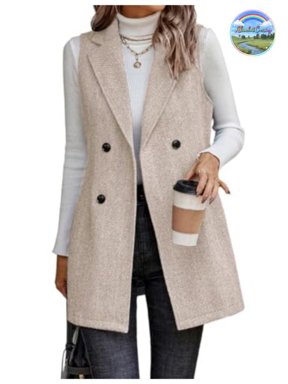 Sleeveless Tweed Long Vest for Women - Notch Collar Double Breasted Cardigan